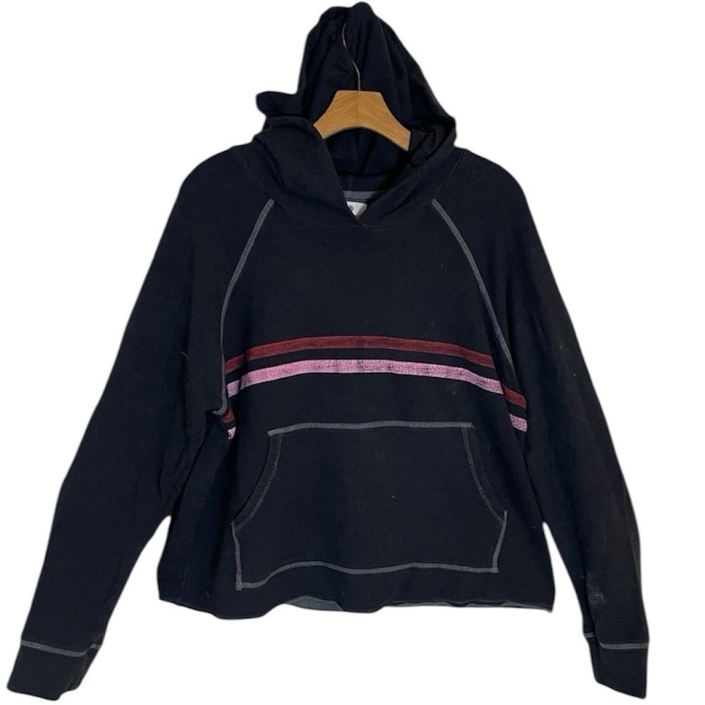 Sundry Women Black Distressed Striped French Terry Hoodie Sweatshirt Size 3 L